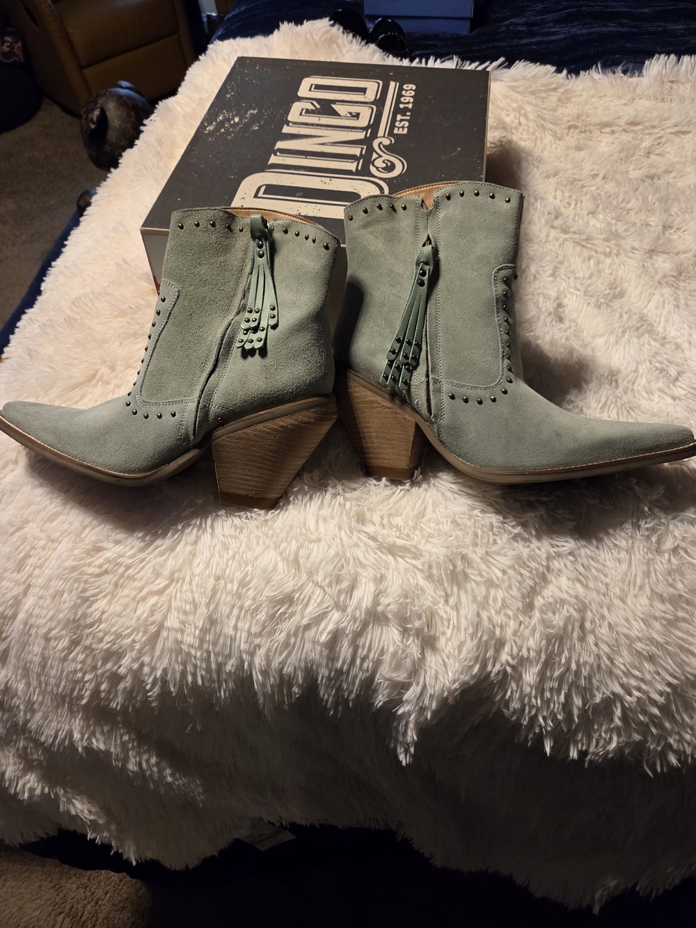 Women's Mint Suede Western Ankle Boots with Stud Detail - Picture 3 of 5